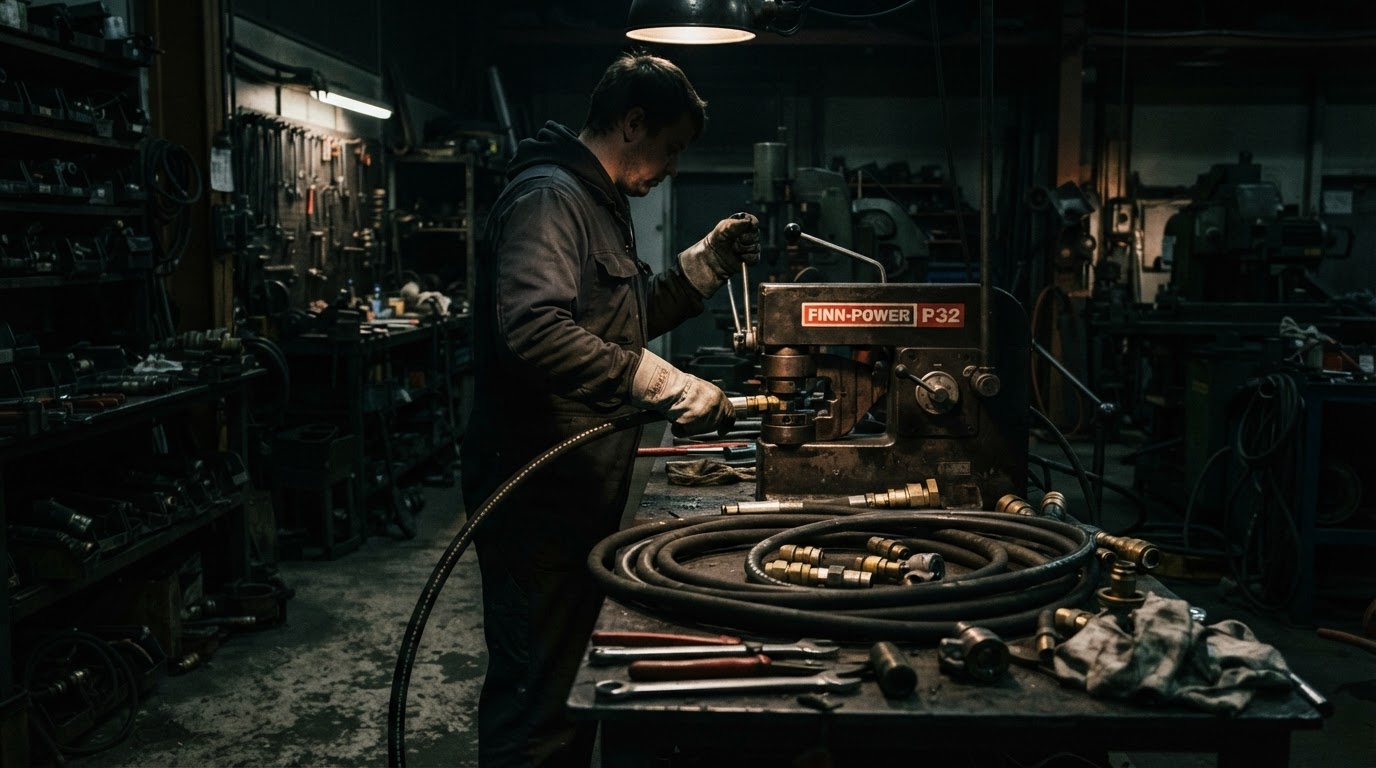 Hydramech technician performing hose crimping service